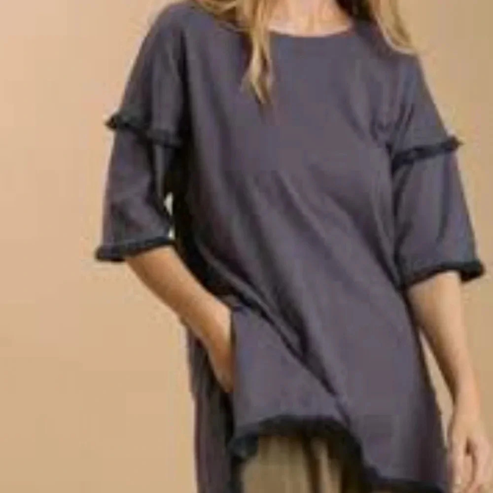Umgee lagenlook dress tunic split sides fringe on sleeves & hem deep purple sz S - Picture 6 of 9